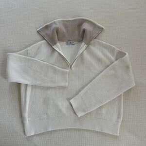 Mango Women's Quarter Zip Ribbed White Pullover Relaxed Sweater Size US M